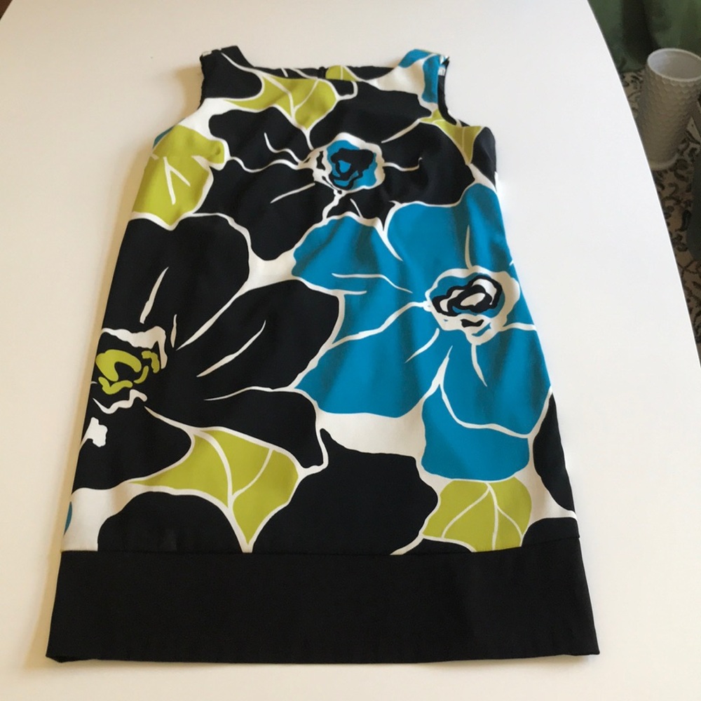 Blue, black and green large float print slip dress